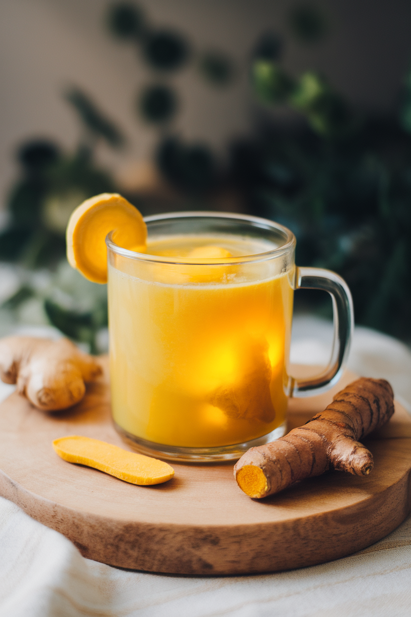 Indoor photo of clear mug with glowing yellow mocktail, thin ginger coin and turmeric root next to glass; soft light; no text or logos.