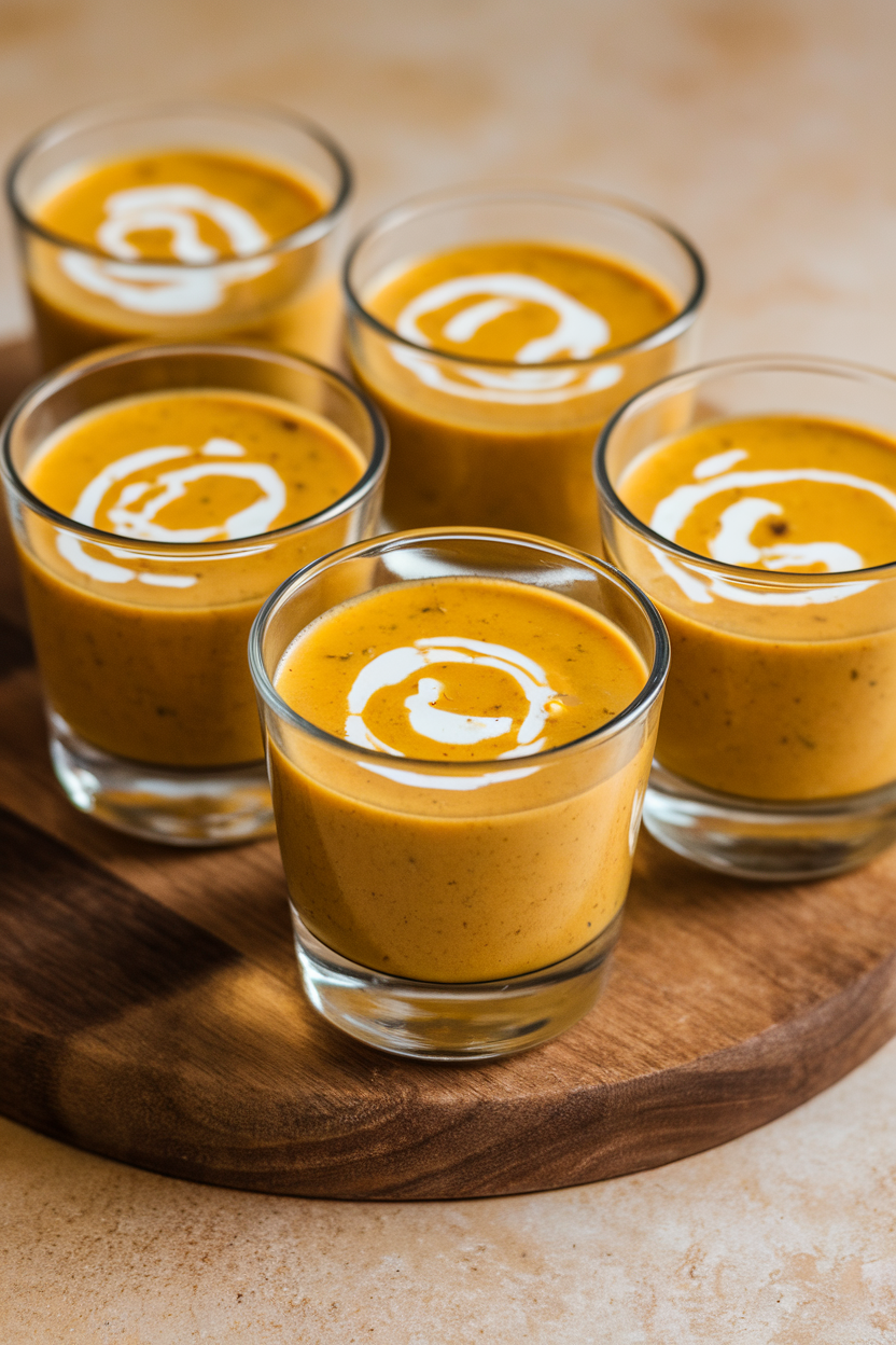 Clear indoor shot glasses filled with creamy yellow cauliflower curry soup, coconut milk swirl on top—photo, no text or logos.