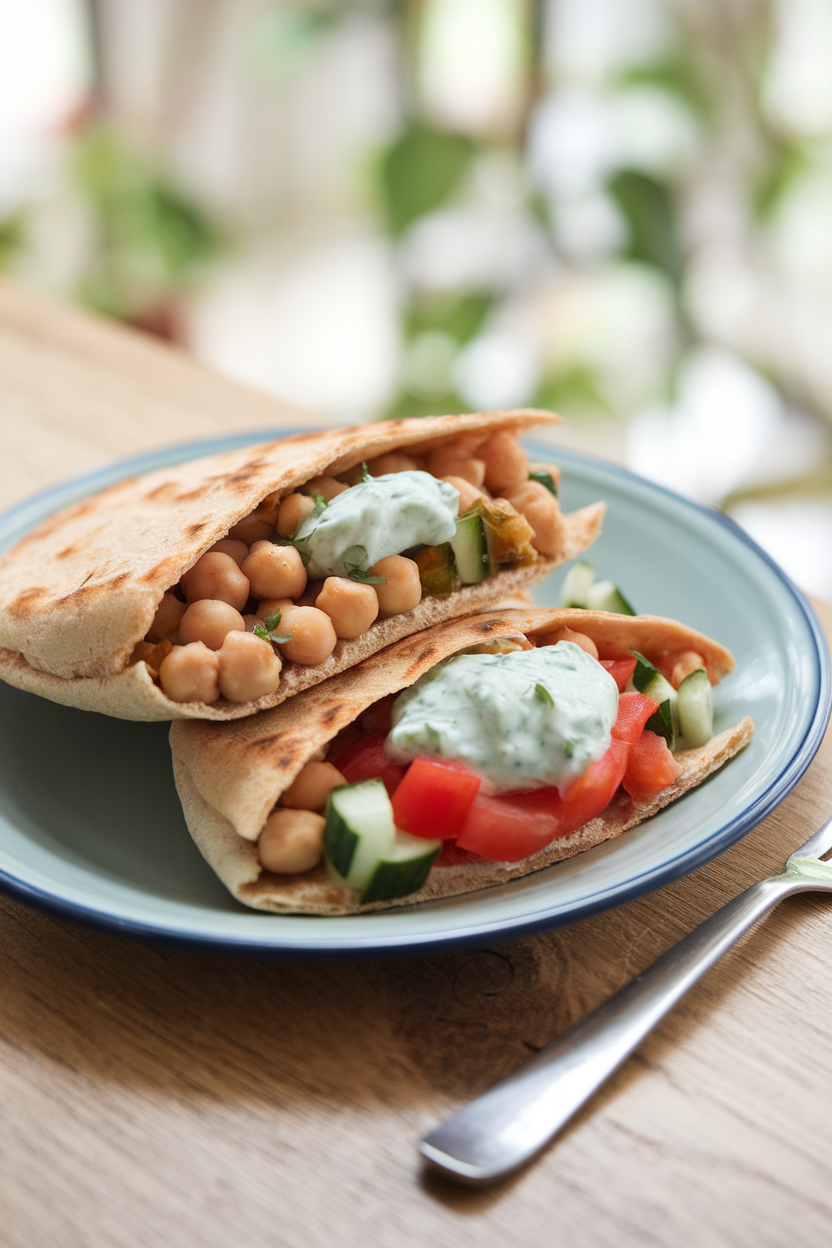 An indoor lunch plate featuring whole-wheat pita halves stuffed with chickpeas, diced cucumber, tomato, and a dollop of tzatziki; soft lighting, no text or logos, photo not illustration.