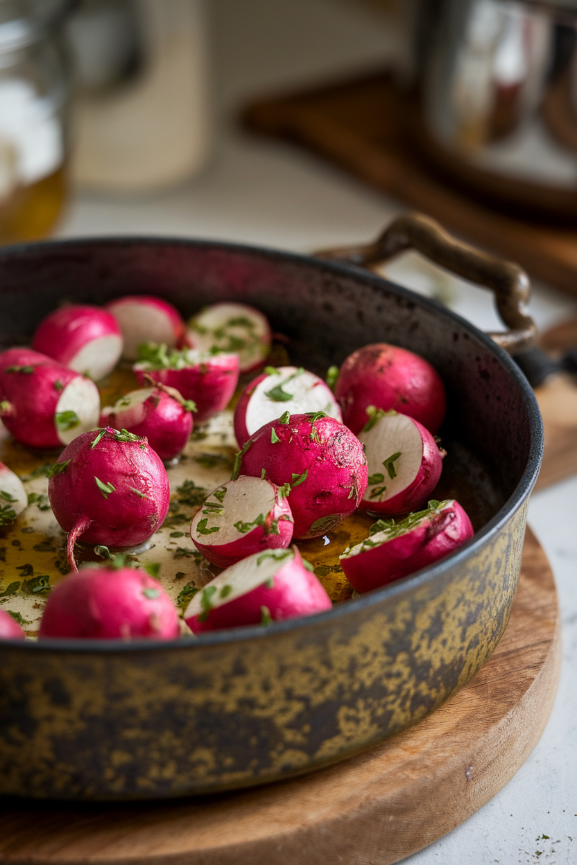 A rustic indoor baking dish of roasted radish halves glistening with olive oil and chopped herbs. No logos or text. Photo only.