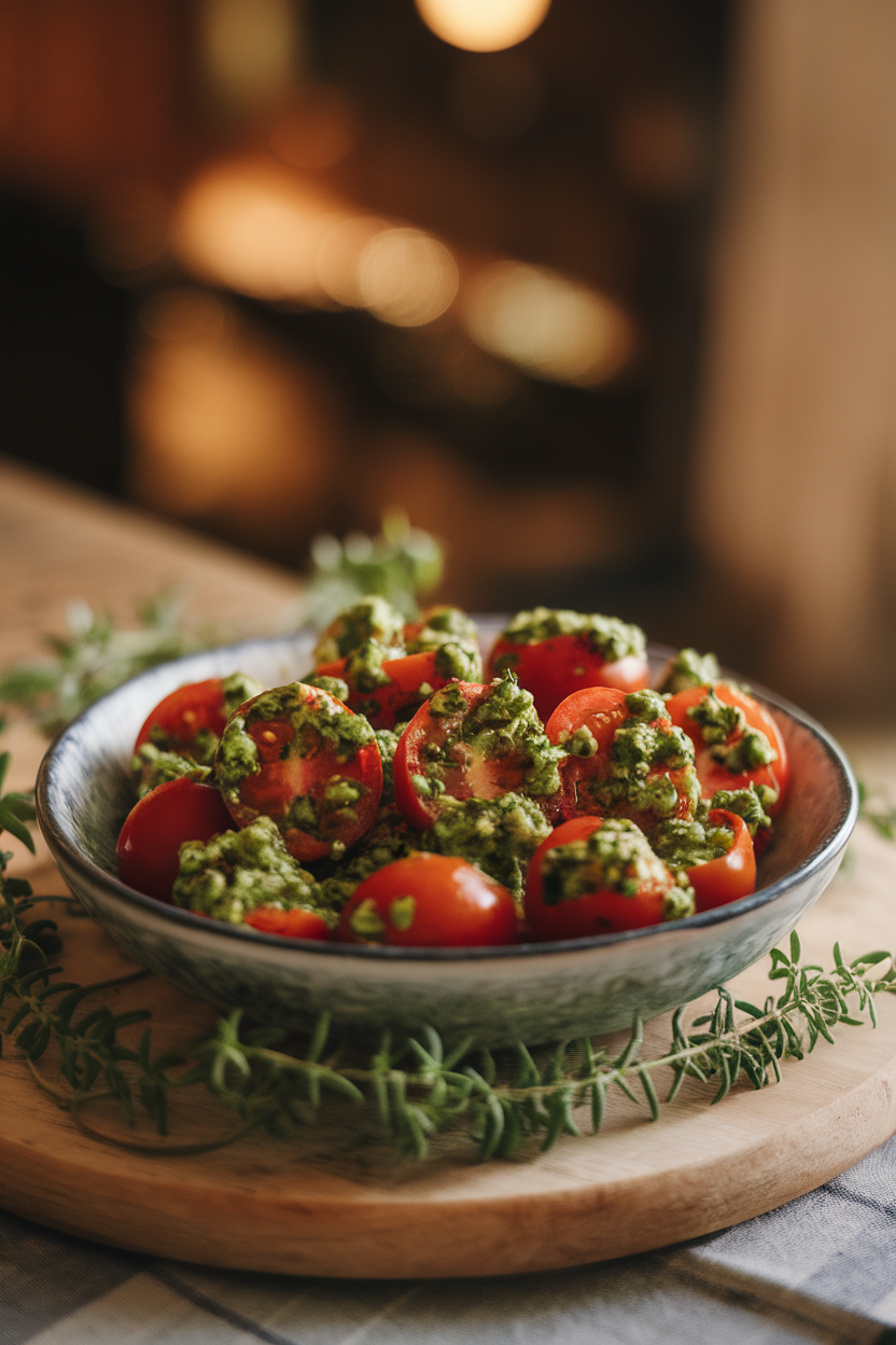 Indoor shallow bowl of halved cherry tomatoes coated in green chimichurri sauce. Warm lighting, no logos.