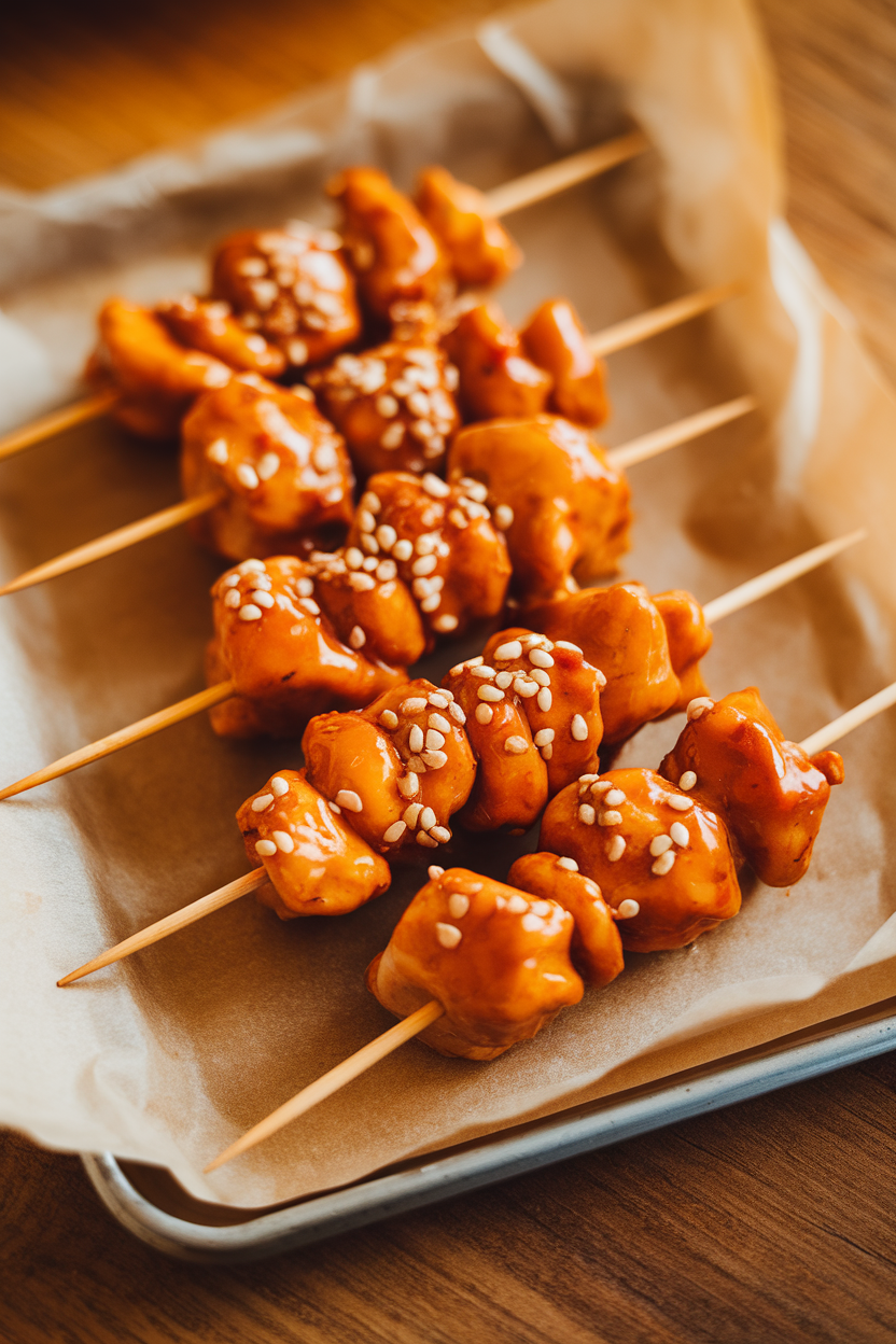 Indoor photo of short wooden skewers threaded with glazed chicken bites on a parchment-lined tray, sesame seeds sprinkled. No text or logos.