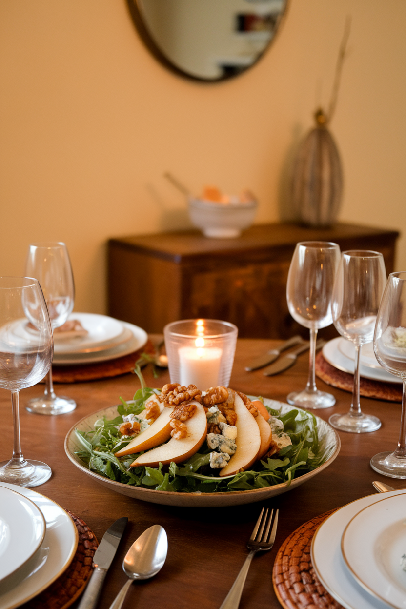 A warmly lit indoor dining table featuring a shallow bowl of peppery arugula topped with sautéed pear slices, toasted walnuts, and crumbled blue cheese. No text or logos; photo.