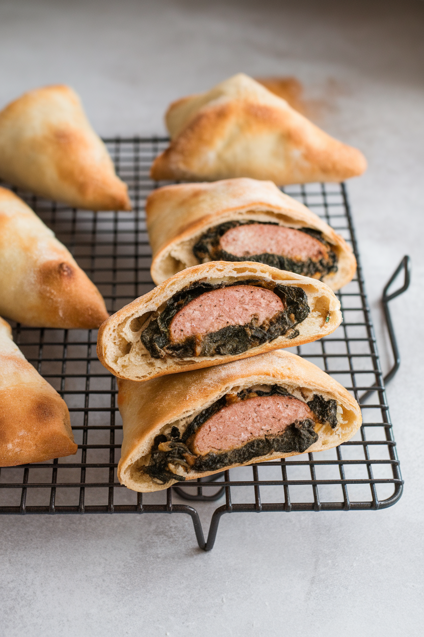 An indoor cooling rack holding small whole-wheat calzones split open to reveal turkey sausage and spinach filling. Photo, no text or logos.
