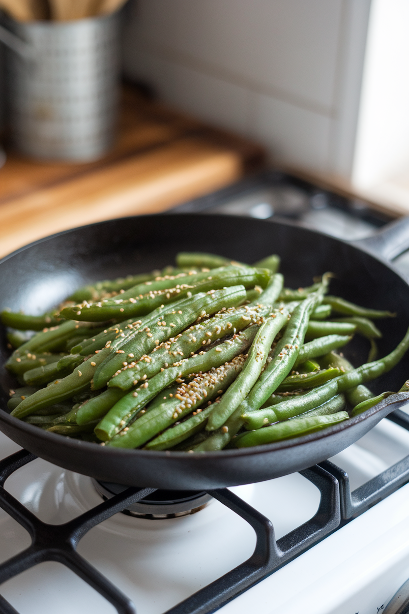 Photo of sautéed green beans with sesame seeds in a skillet on an indoor stove. No text or logos. Photo, not illustration.