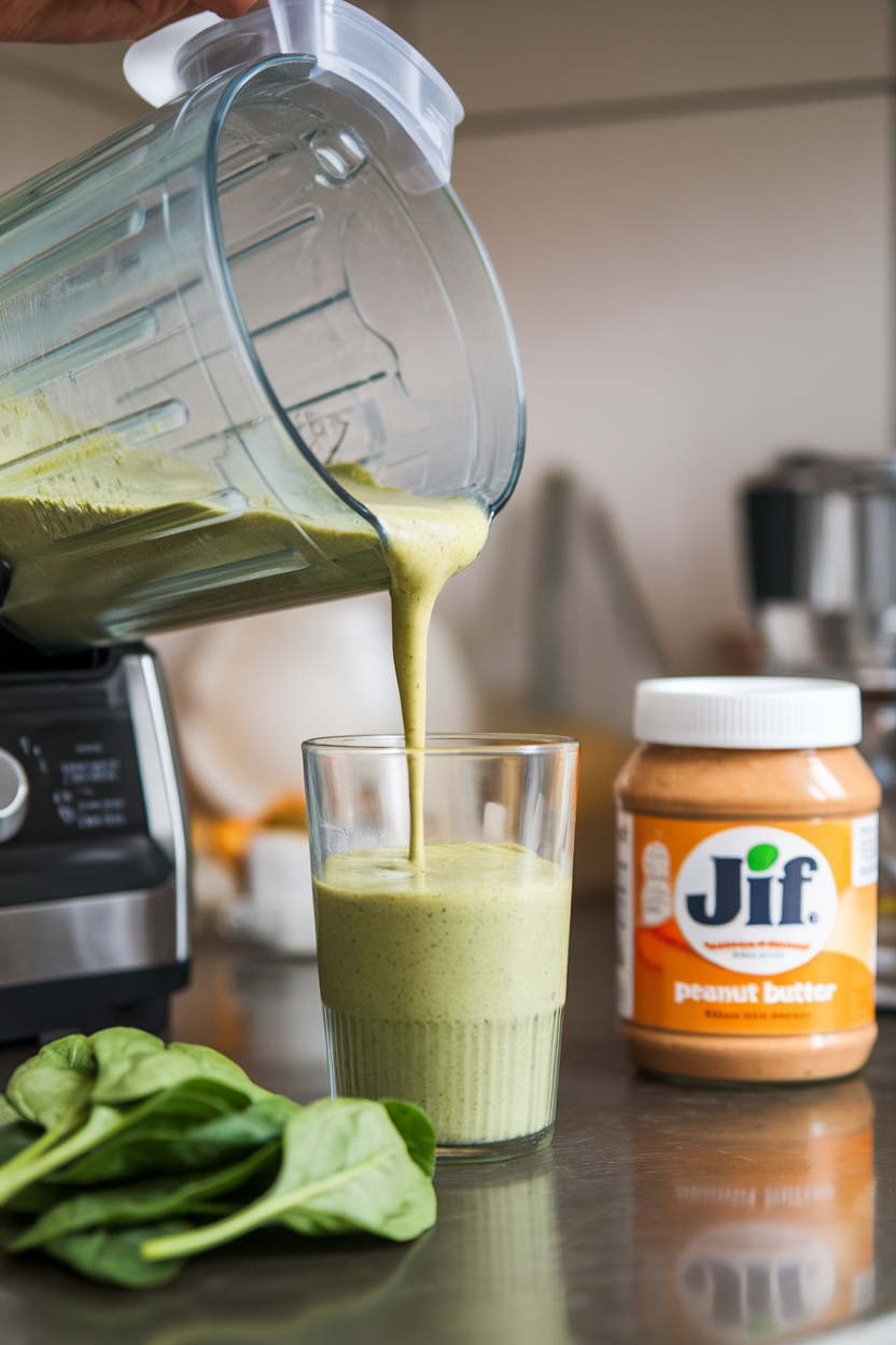 Photo of an indoor countertop blender pouring a thick green smoothie into a clear glass, ingredients like spinach leaves and a jar of peanut butter nearby without labels.