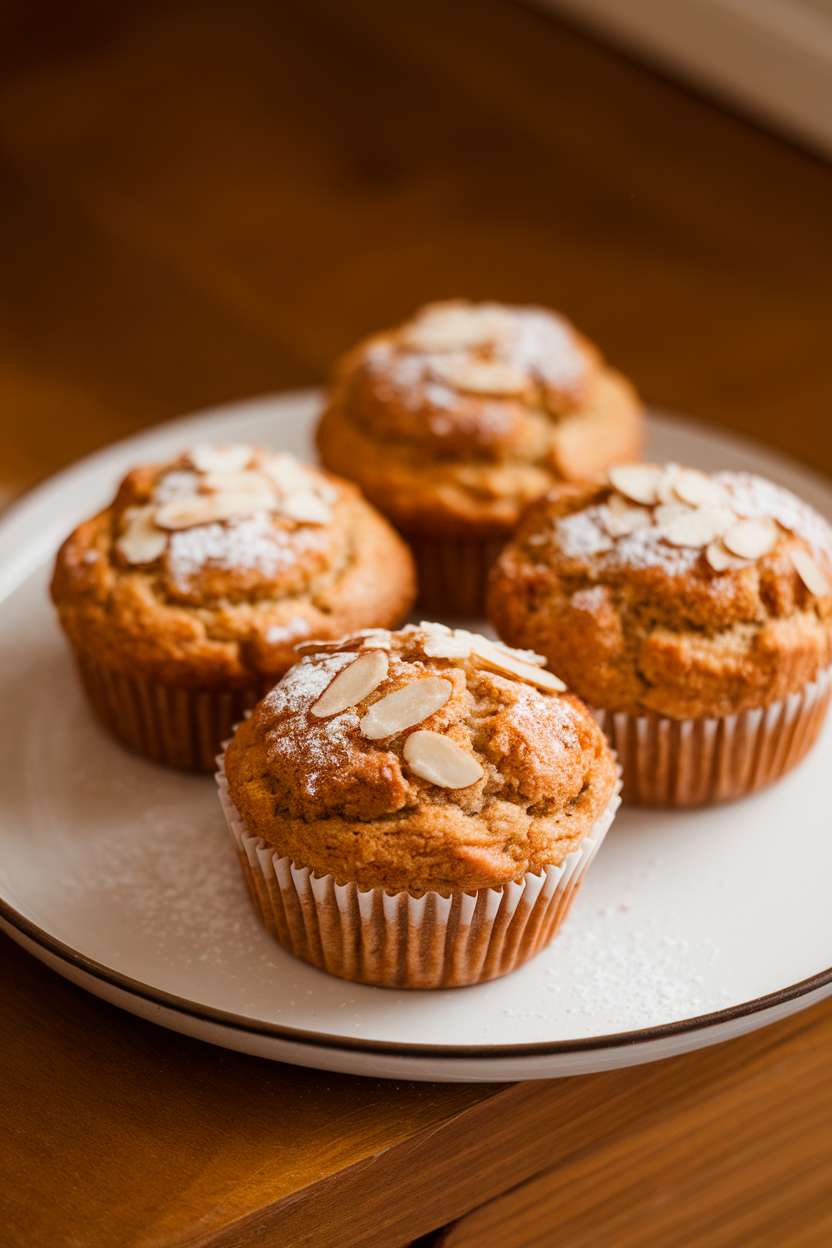 Indoor photo of three golden-brown banana almond flour muffins on a simple white plate, soft morning light coming from the side, no text or logos