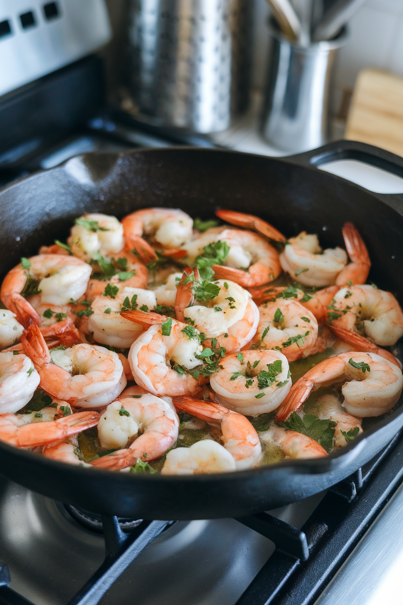 An indoor stovetop scene with a cast-iron skillet of cooked shrimp glistening in garlic butter sauce, sprinkled with parsley. No text or logos. Photo, not illustration.