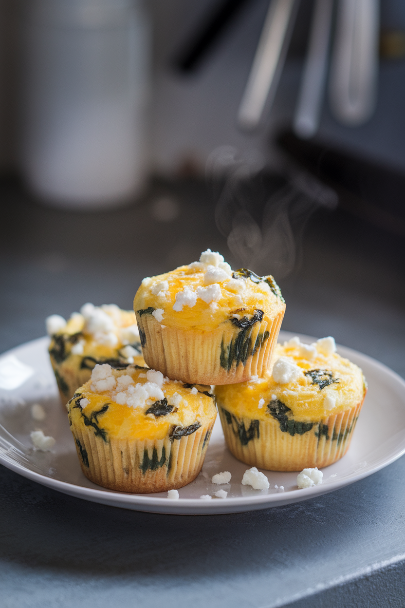 Indoor photo of a white plate holding three mini egg muffins studded with spinach and crumbled feta, steam rising slightly; no text or logos.