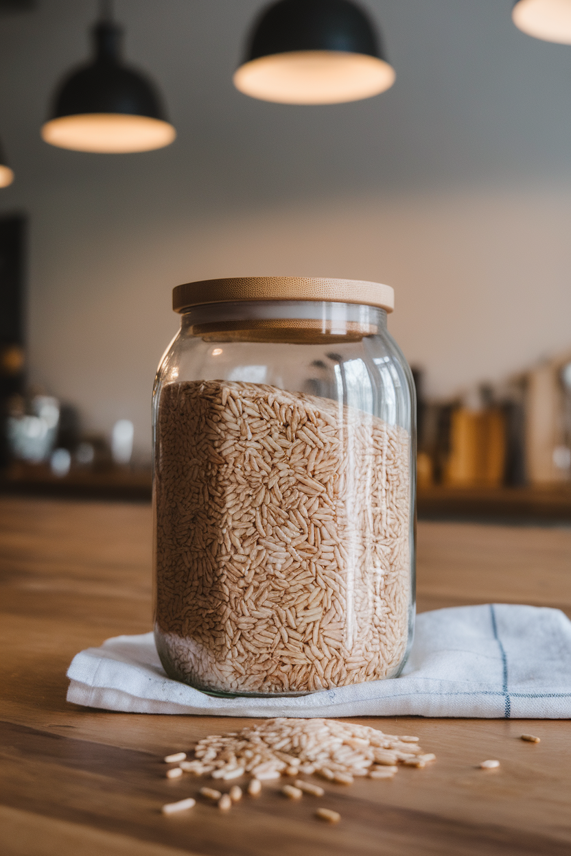 An indoor kitchen jar filled with long-grain brown rice sitting on a wooden counter, a few grains scattered artfully in front; no text or logos, photo.