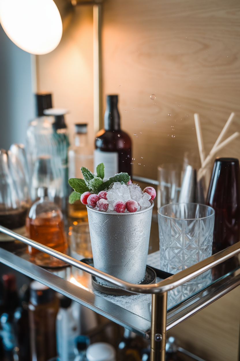 Indoor bar cart with a silver julep cup filled with crushed ice, garnished by frosted cranberries and mint leaves, tiny bubbles visible. No text or logos; photograph, not illustration.