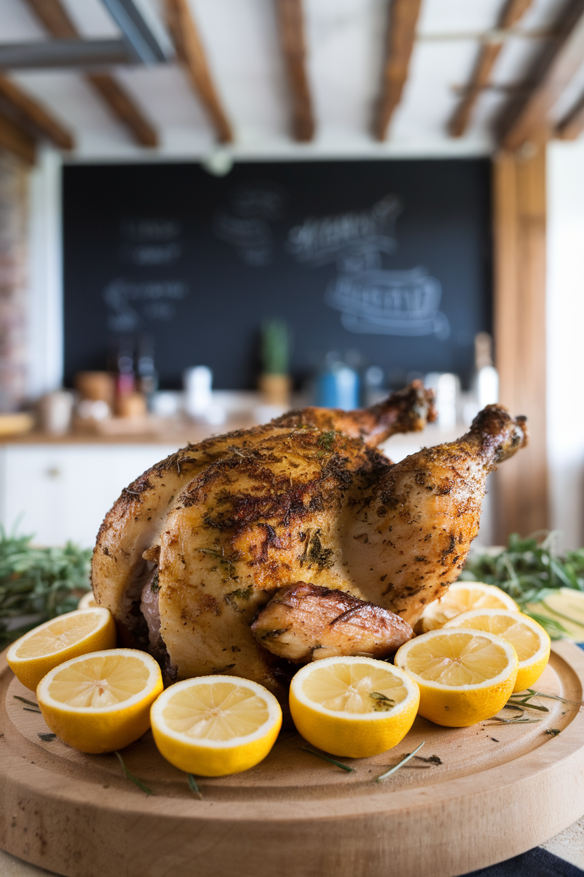 An indoor carving board with a crispy, herb-rubbed spatchcock chicken, sliced lemon halves scattered around. No logos or text. Photo only.