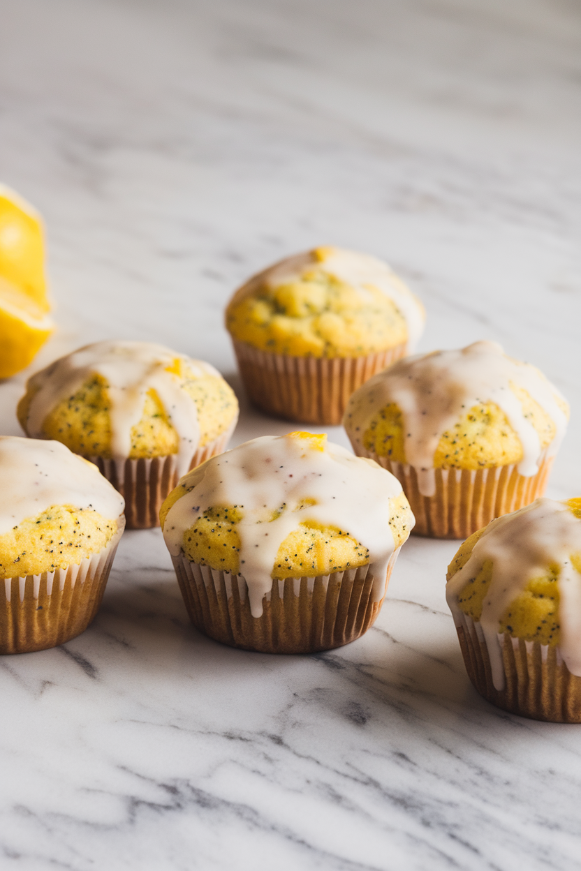 Indoor photo of lemon poppy seed muffins topped with a light citrus glaze, displayed on a marble surface, no text or logos