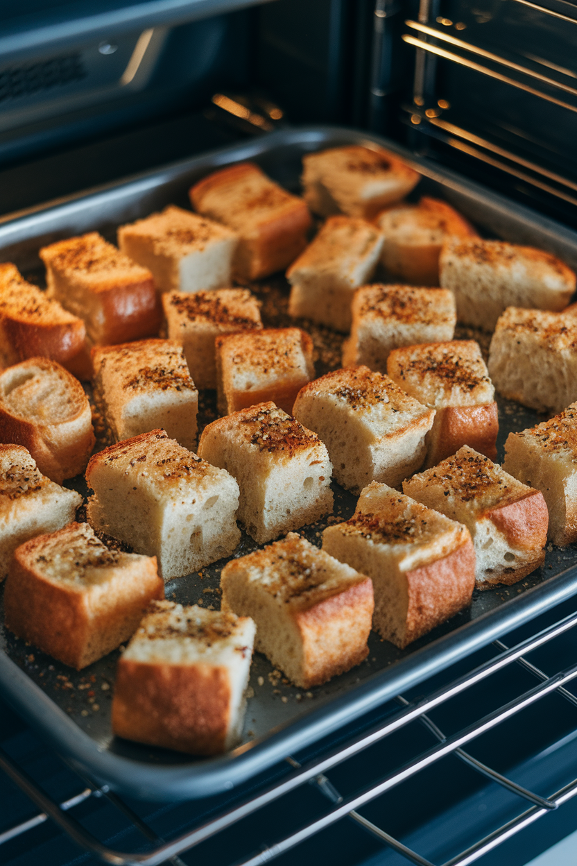 Baking sheet with seasoned bread cubes toasting in an oven, indoor photo, no text or logos