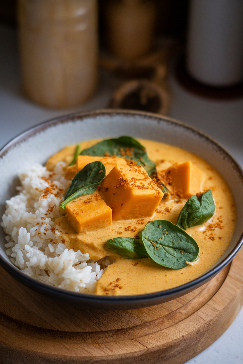 An indoor photo of a bowl of creamy coconut curry with cubes of butternut squash and spinach leaves, served over jasmine rice. No text or logos.