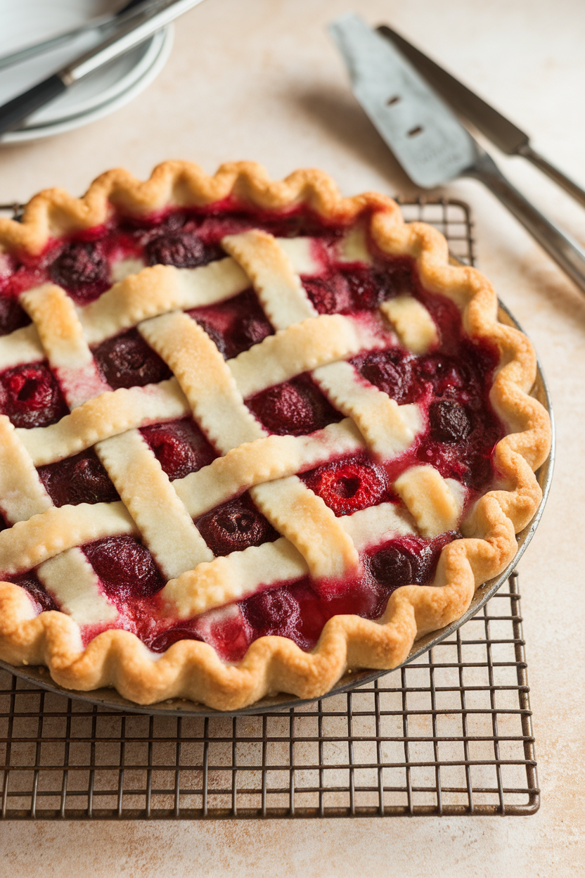 Indoor photo of a lattice-topped pie with bubbling fruit filling on a cooling rack; no text or logos