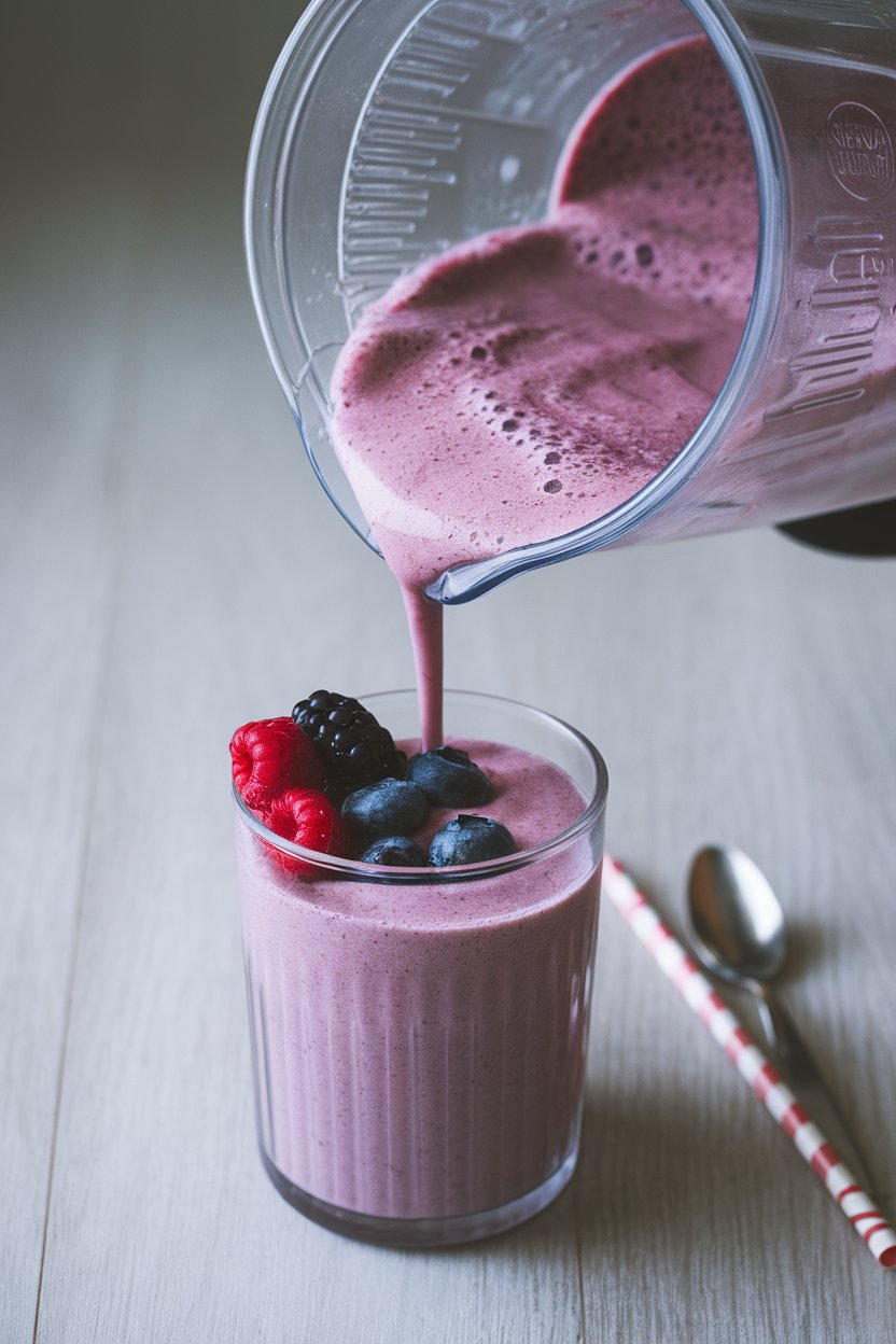 An indoor blender pitcher filled with a vibrant purple smoothie being poured into a clear glass, no branding visible. Photo.