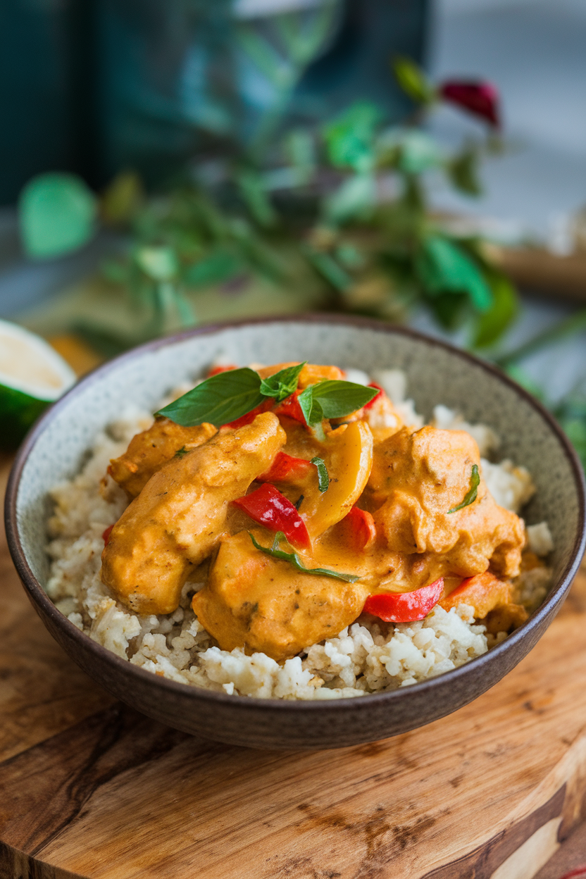 Indoor tabletop with a bowl of creamy coconut curry chicken studded with peppers and basil, served over cauliflower rice. No text or logos. Photo, not illustration.