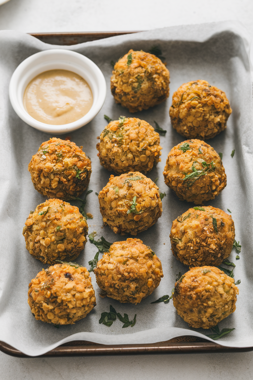 Indoor photo of baked lentil-bulgur kibbeh balls on a parchment-lined tray, served with a small bowl of tahini sauce. No logos or text.