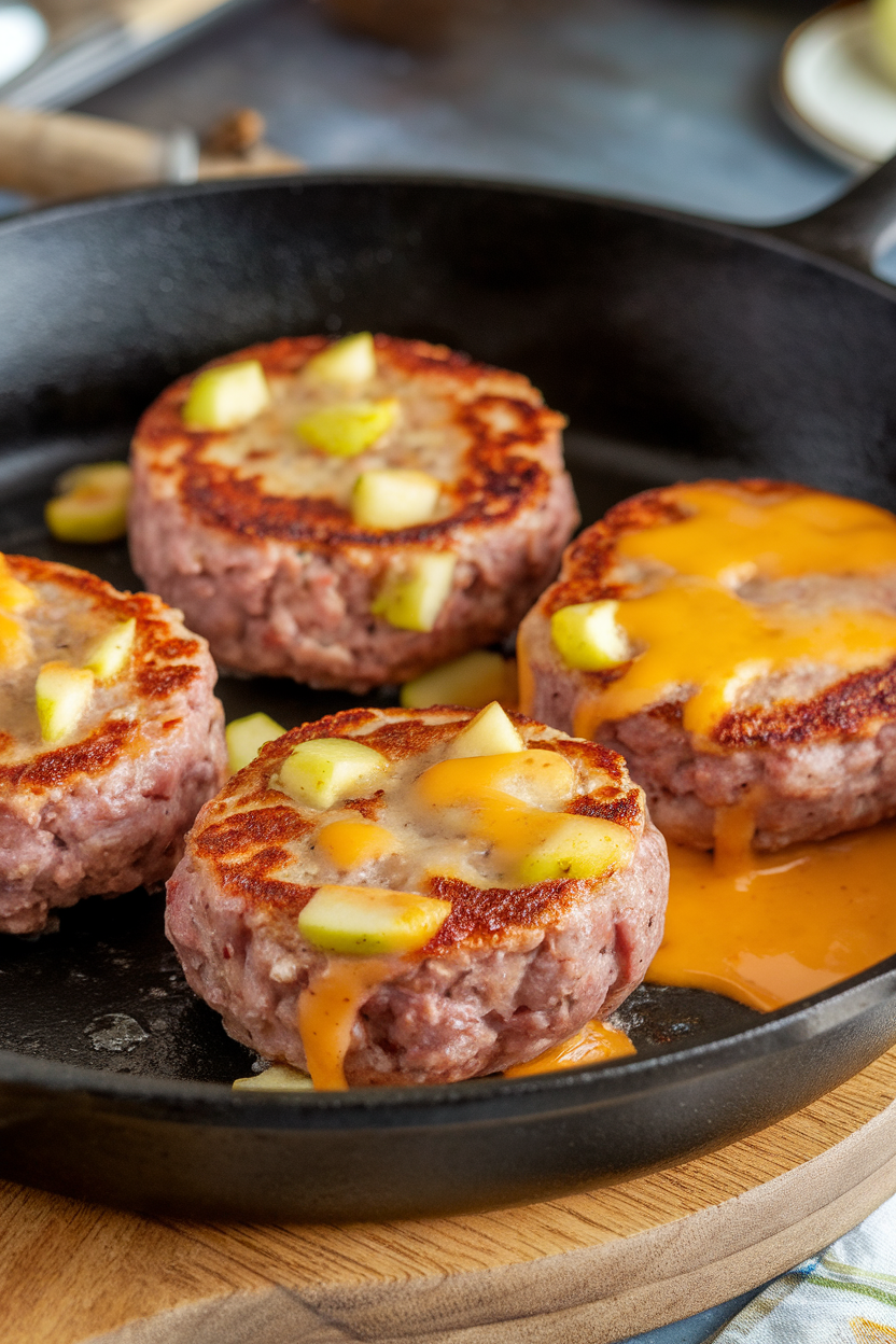 An indoor skillet holding seared sausage patties with visible apple bits and melted cheddar, photographed close-up, no text or logos.