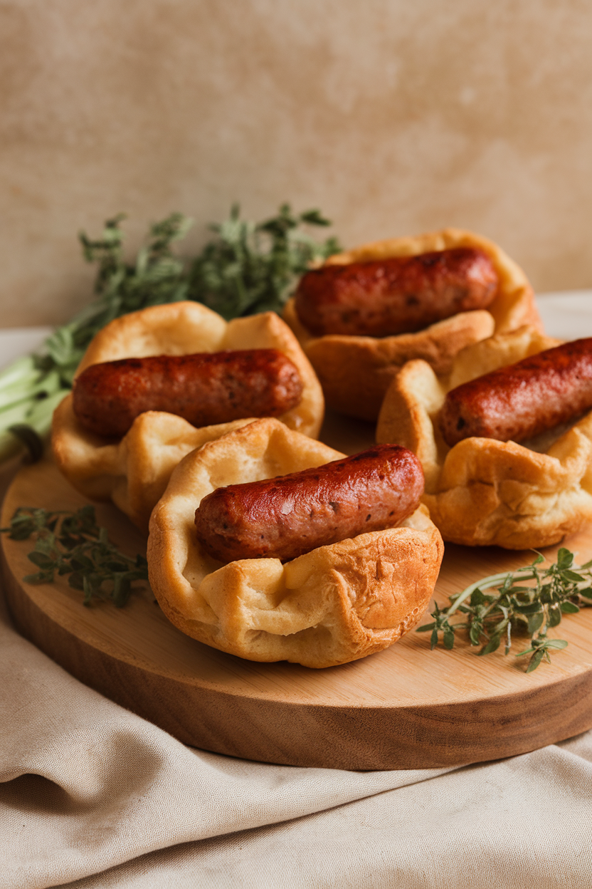 A wooden indoor serving board with puffy Yorkshire puddings each holding a browned breakfast sausage link. No text or logos. Photo, not illustration.