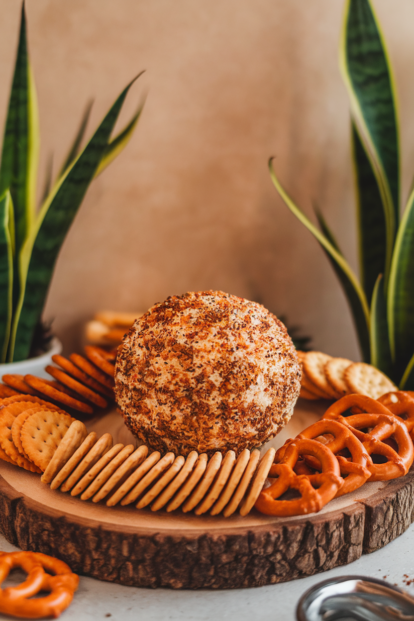 Photo of an indoor wood board with a round cheese ball coated in everything bagel seasoning, mini pretzels and crackers arranged around it; warm casual lighting, no text or logos