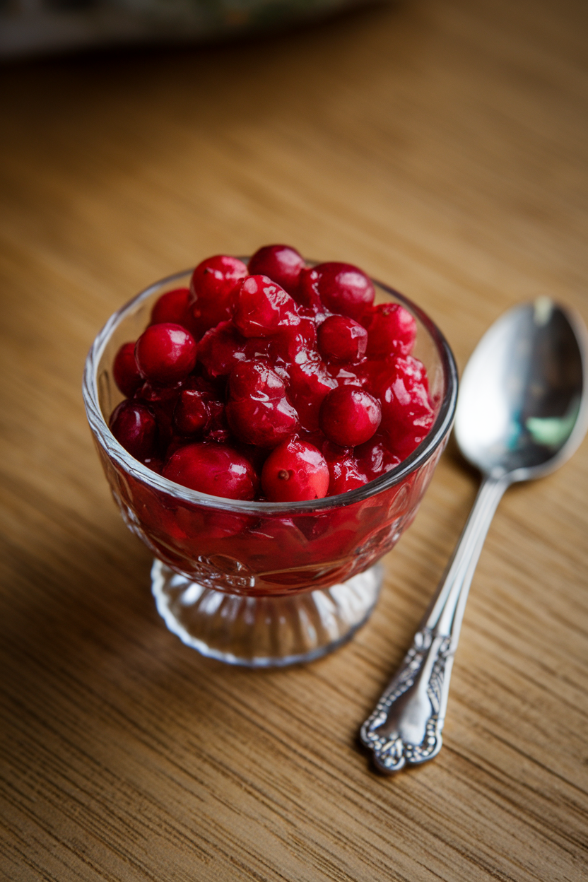 Indoor photo of bright cranberry relish in a small glass bowl, a spoon resting beside; no text or logos