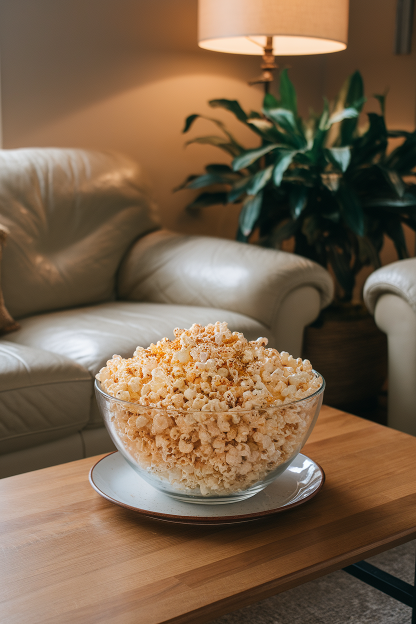 An indoor living-room coffee table holding a large glass bowl of fluffy air-popped popcorn lightly dusted with spices, no logos.