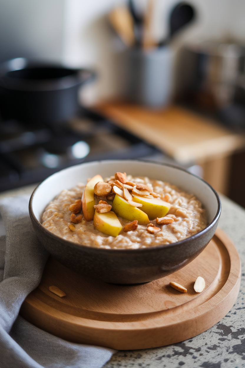 Indoor photo of a bowl of steel-cut oats topped with sautéed cinnamon apples and a sprinkle of almonds; no text or logos.