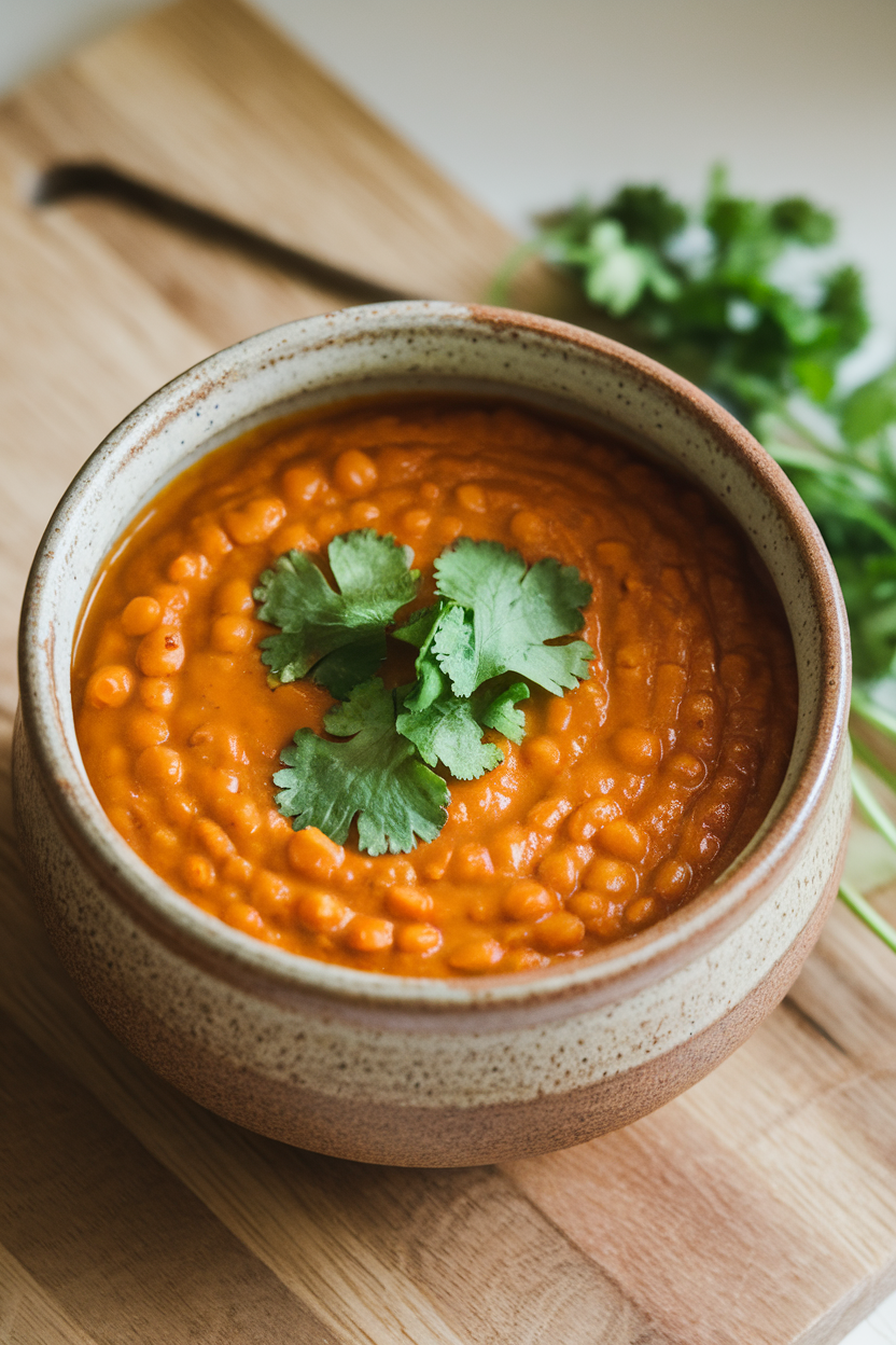 Indoor photo of a velvety orange lentil soup in a ceramic bowl, garnished with fresh cilantro. No text or logos.