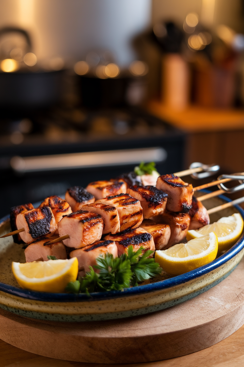 Indoor photo of skewered grilled chicken cubes with char marks, garnished with lemon wedges and fresh parsley on a ceramic platter; warm directional light, no text or logos