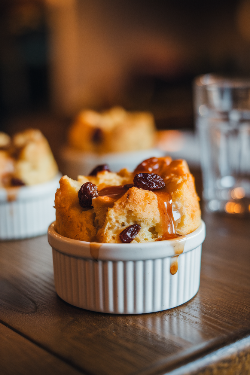 A small ramekin of golden bread pudding on a wooden table indoors, raisins peeking through, a drizzle of rum sauce on top. No text or logos.