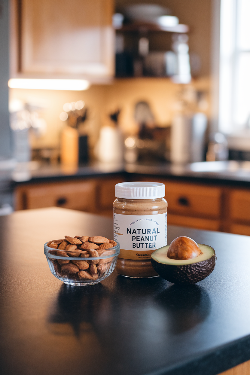 Indoor kitchen island with a small glass bowl of almonds, a jar of natural peanut butter, and an avocado sliced open. Warm light, no labels or logos, photo not illustration.