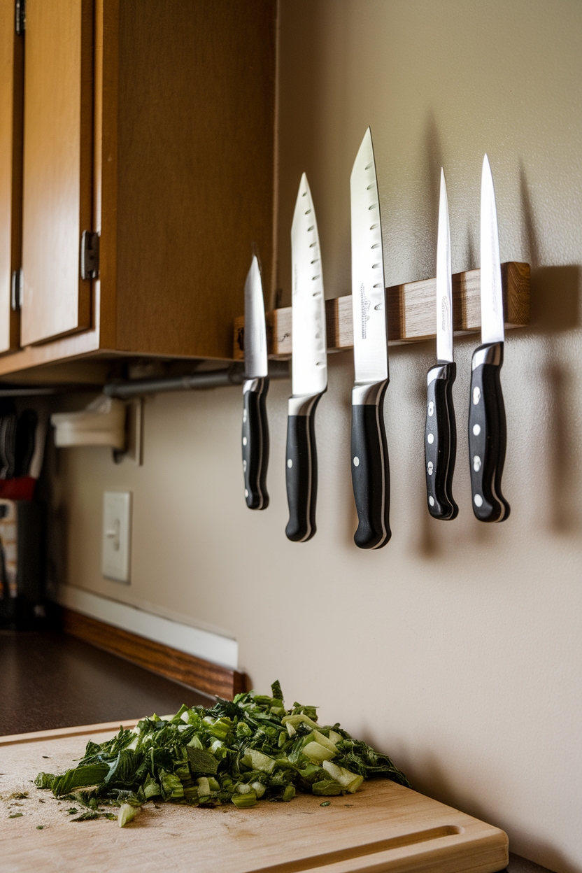Indoor kitchen wall with a wooden magnetic strip holding several knives, leafy greens being chopped below, no text or brand names.