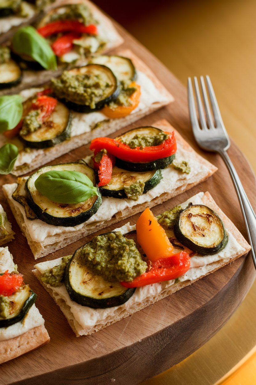 Indoor wooden board with sliced flatbread topped with roasted zucchini, bell peppers, and basil pesto; warm lighting, no text or logos.