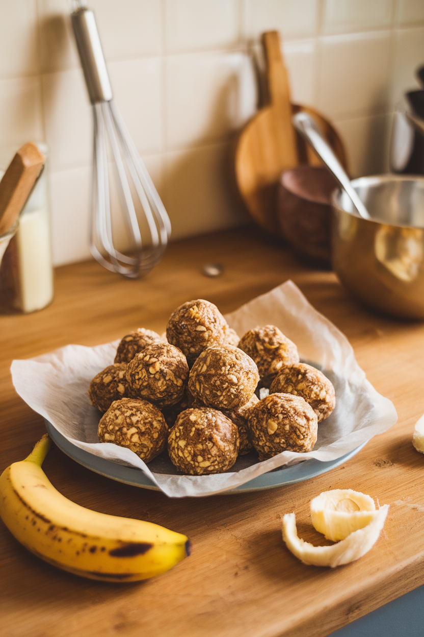 Photo of an indoor kitchen table with banana bread energy balls on parchment, a ripe banana half-peeled near the plate. No text or logos.