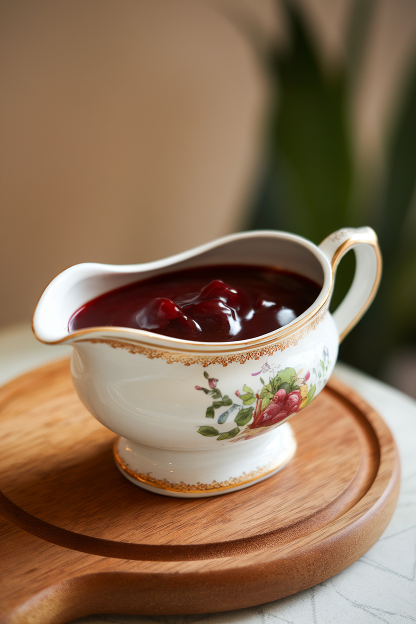 Indoor close-up of a porcelain gravy boat filled with glossy red wine gravy, light reflecting off the surface, set on a wooden board. No text or logos.