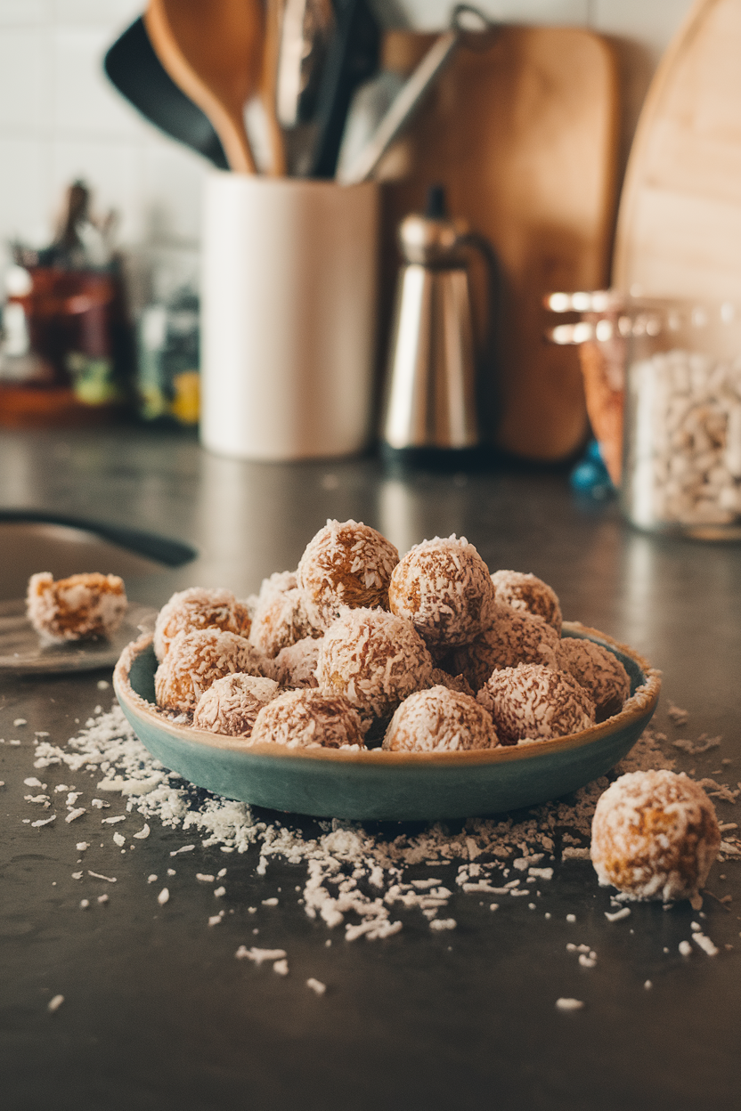 Photo of an indoor kitchen island showing a shallow dish of coconut-coated cashew energy balls, with shredded coconut scattered like snow. No text or logos.