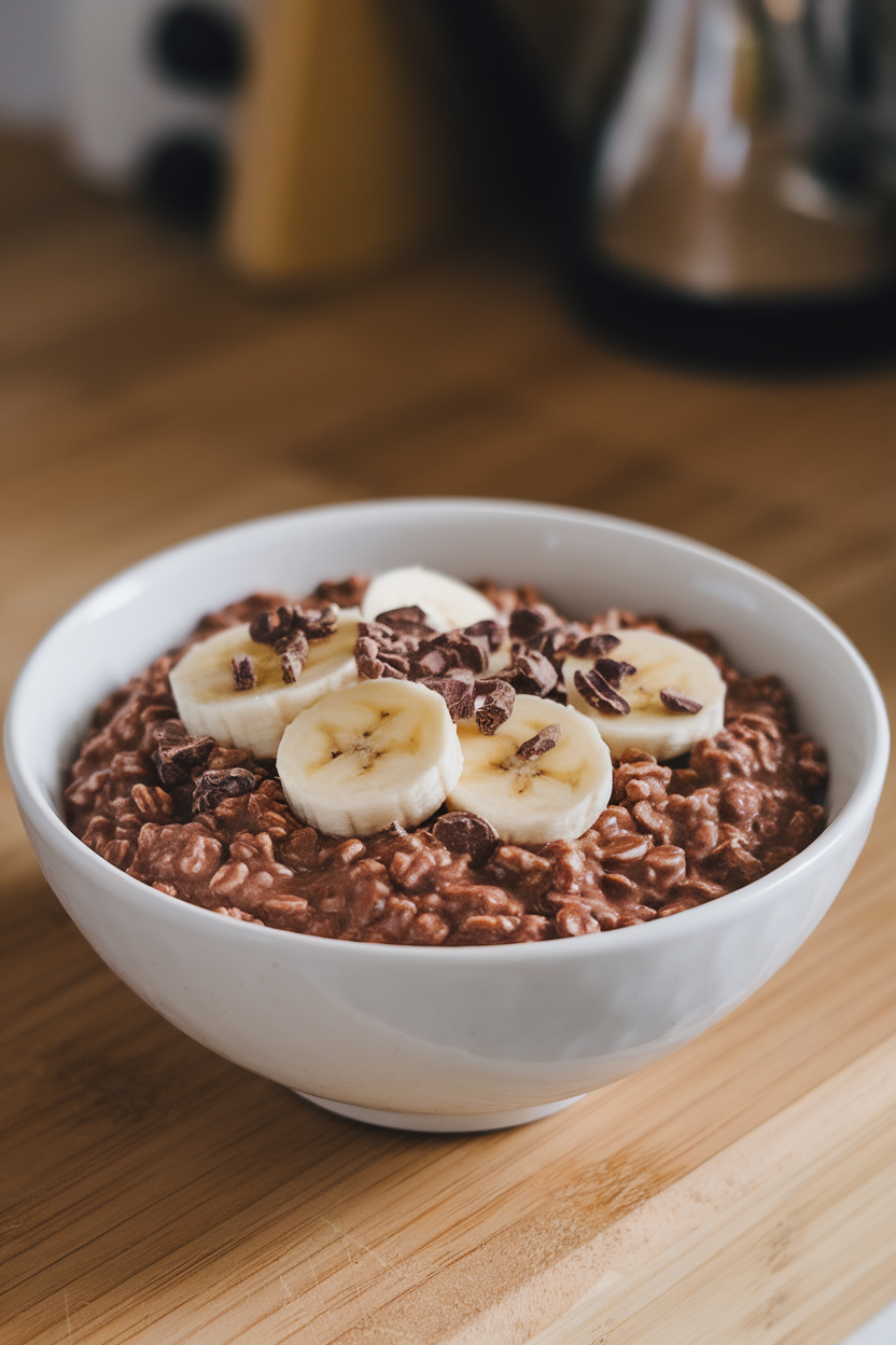 Indoor photo of chocolate-colored oats with banana slices and cacao nibs on top in a white bowl, no text or logos.