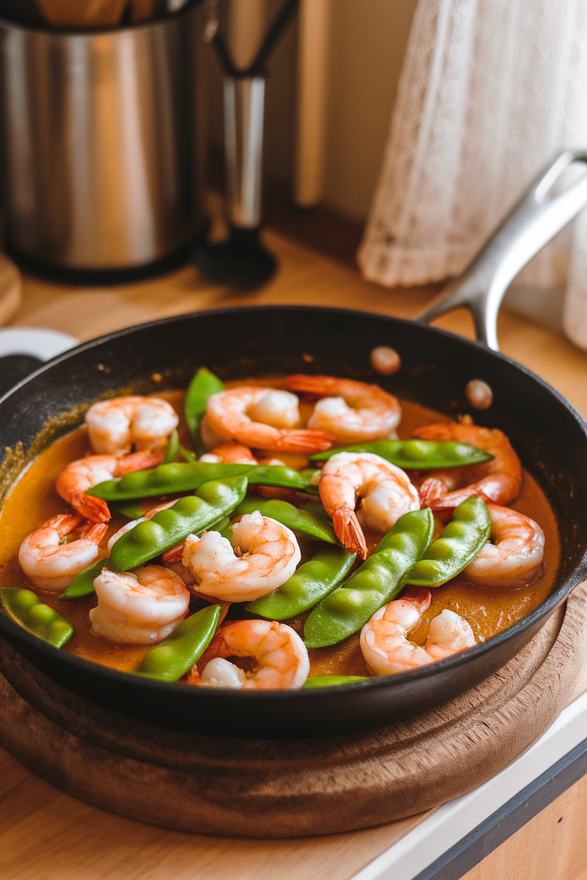 Photo of a skillet of cooked shrimp in coconut curry sauce with bright green snap peas, indoor kitchen scene, no text or logos
