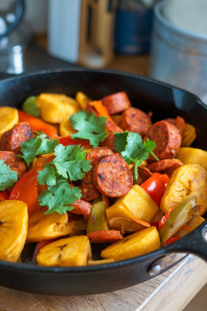 An indoor skillet with golden sweet plantain chunks, bell peppers, and spicy chicken sausage, garnished with cilantro, no text or logos.