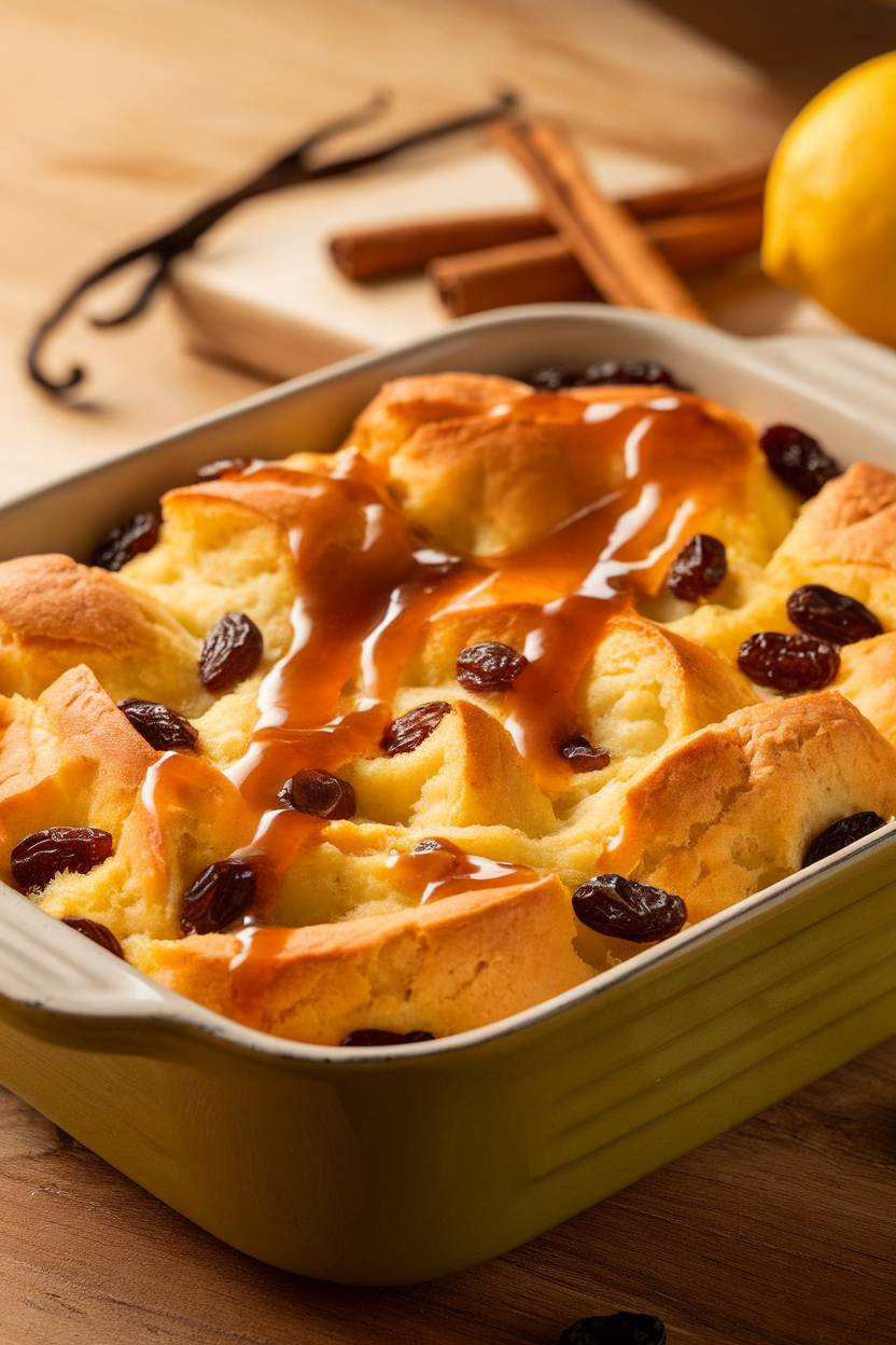 Indoor casserole dish of golden bread pudding studded with raisins, a drizzle of rum sauce on top; no text or logos.