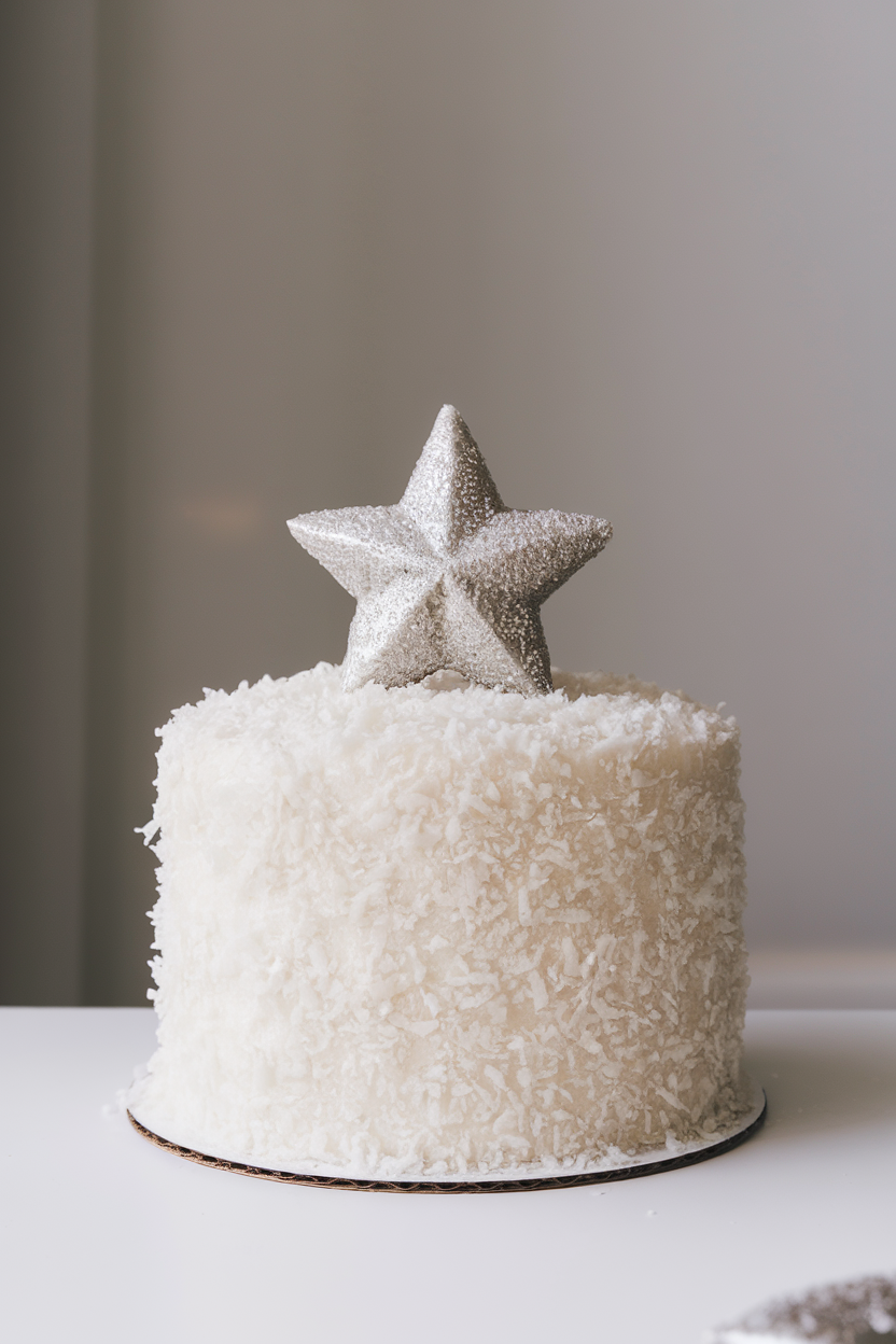 Indoor presentation of a pure white coconut-covered cake, shredded coconut piled high like fluffy snow, with a single silver sugar pearl star on top. No brand imagery.