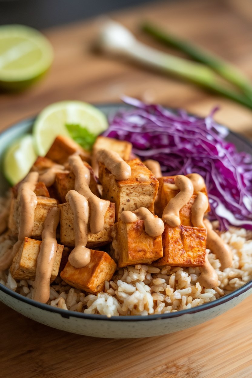 An indoor shallow bowl filled with cubed baked tofu, brown rice, shredded purple cabbage, and a drizzle of peanut sauce. No text or logos.