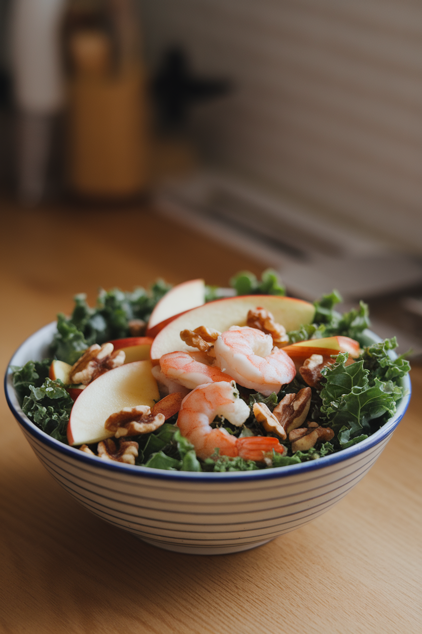 Indoor bowl photo of shredded kale, sliced apples, walnuts, and cooked shrimp with a light vinaigrette; natural daylight, no text or logos.