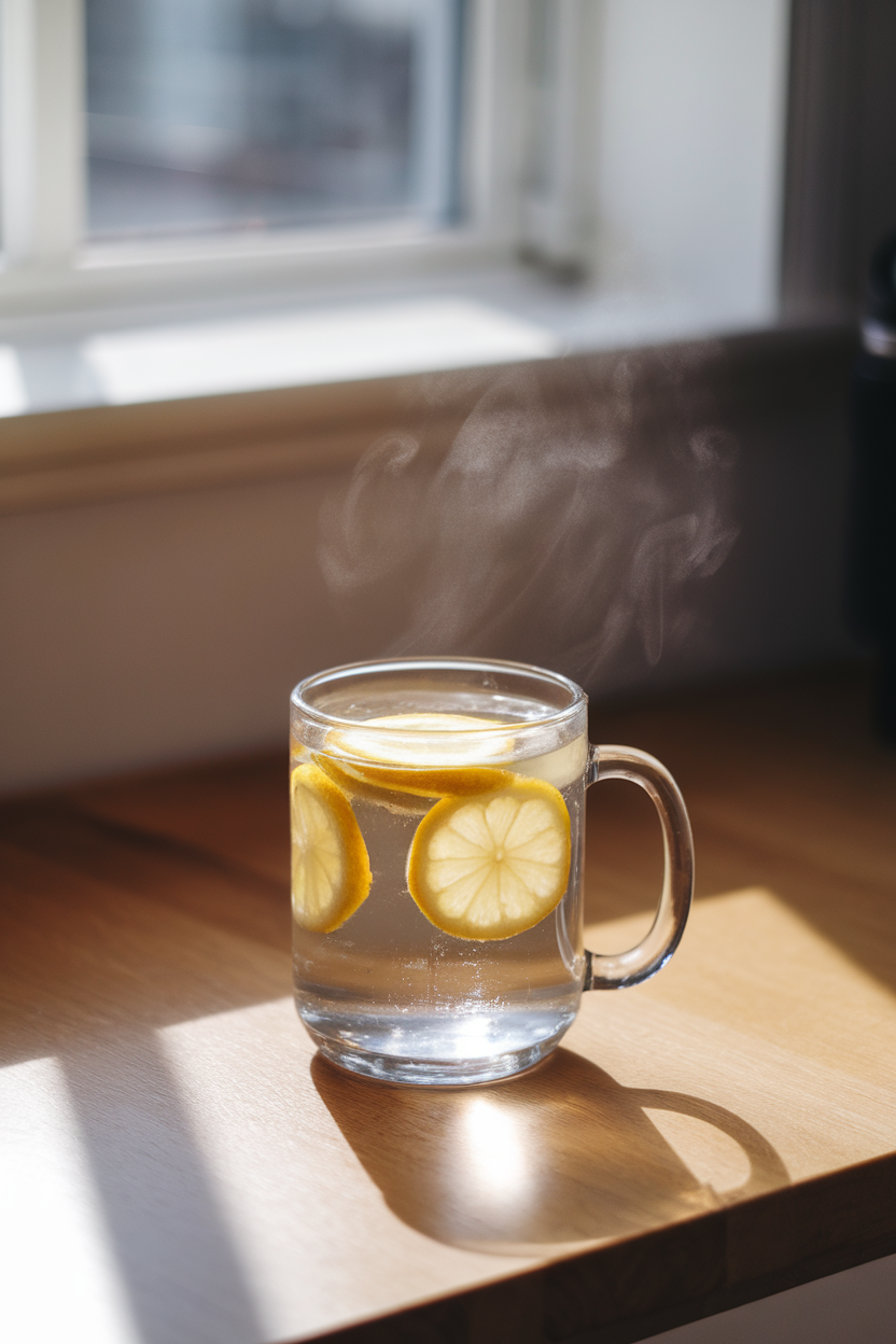 An indoor kitchen table with a clear glass mug of warm water and floating lemon slices, gentle morning light streaming in, steam visible, no text or logos.