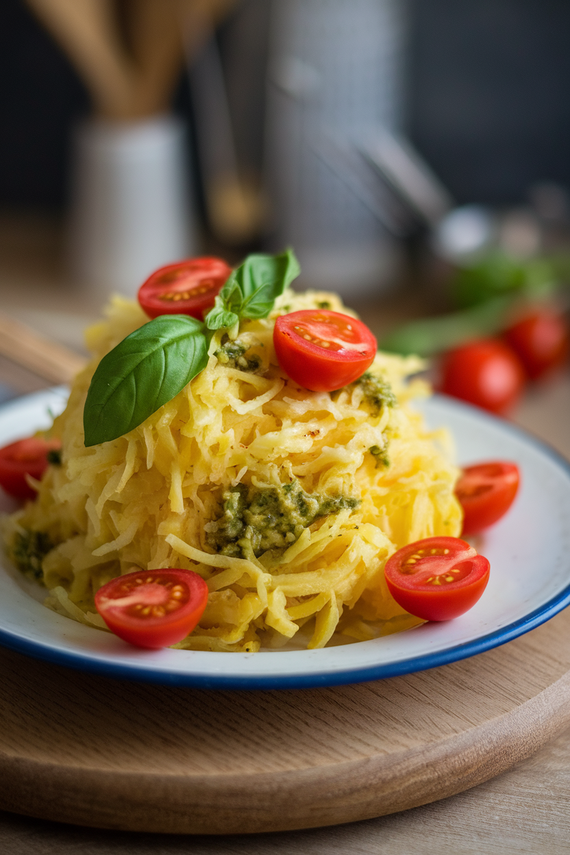 Indoor plate with strands of cooked spaghetti squash tossed in basil pesto, cherry tomato halves scattered on top. No text or logos. Photo only.