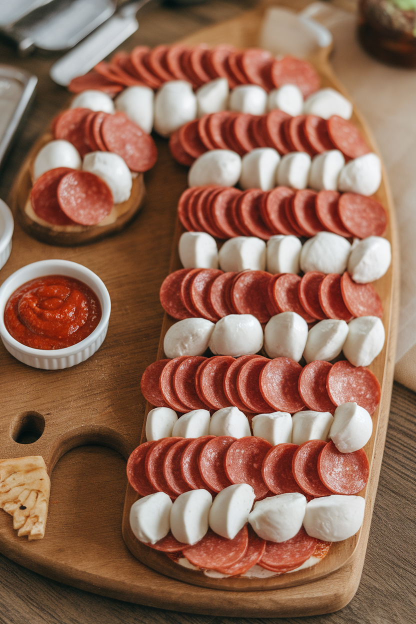 Indoor image of a candy cane-shaped board lined with alternating rows of pepperoni rounds and mozzarella slices; small bowls of marinara for dipping nearby, no logos