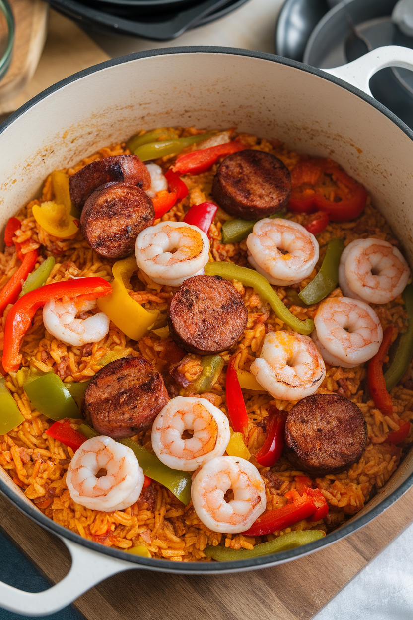 Indoor photo of a Dutch oven brimming with colorful jambalaya featuring sausage rounds, shrimp, and bell peppers over spiced rice. No text or logos.