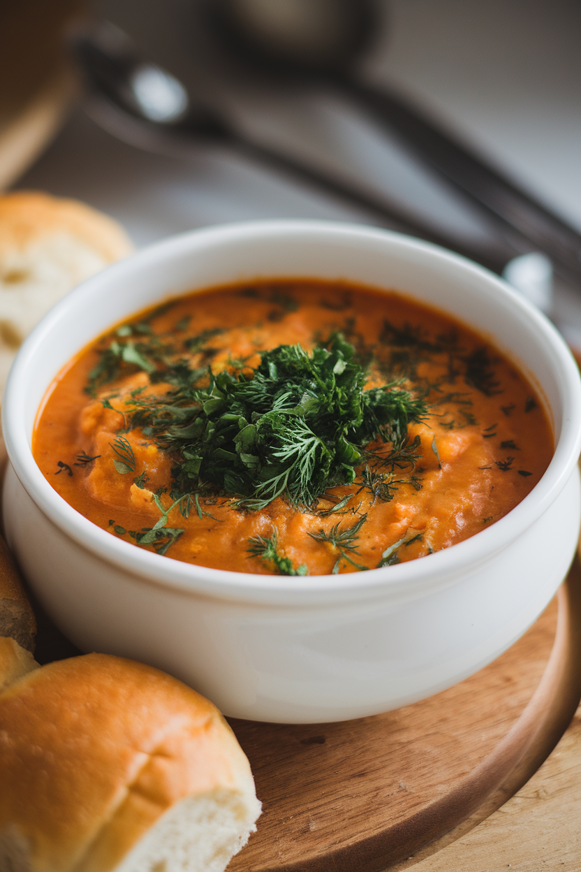 An indoor plated soup bowl topped with finely chopped parsley and dill just before serving, no brand names.